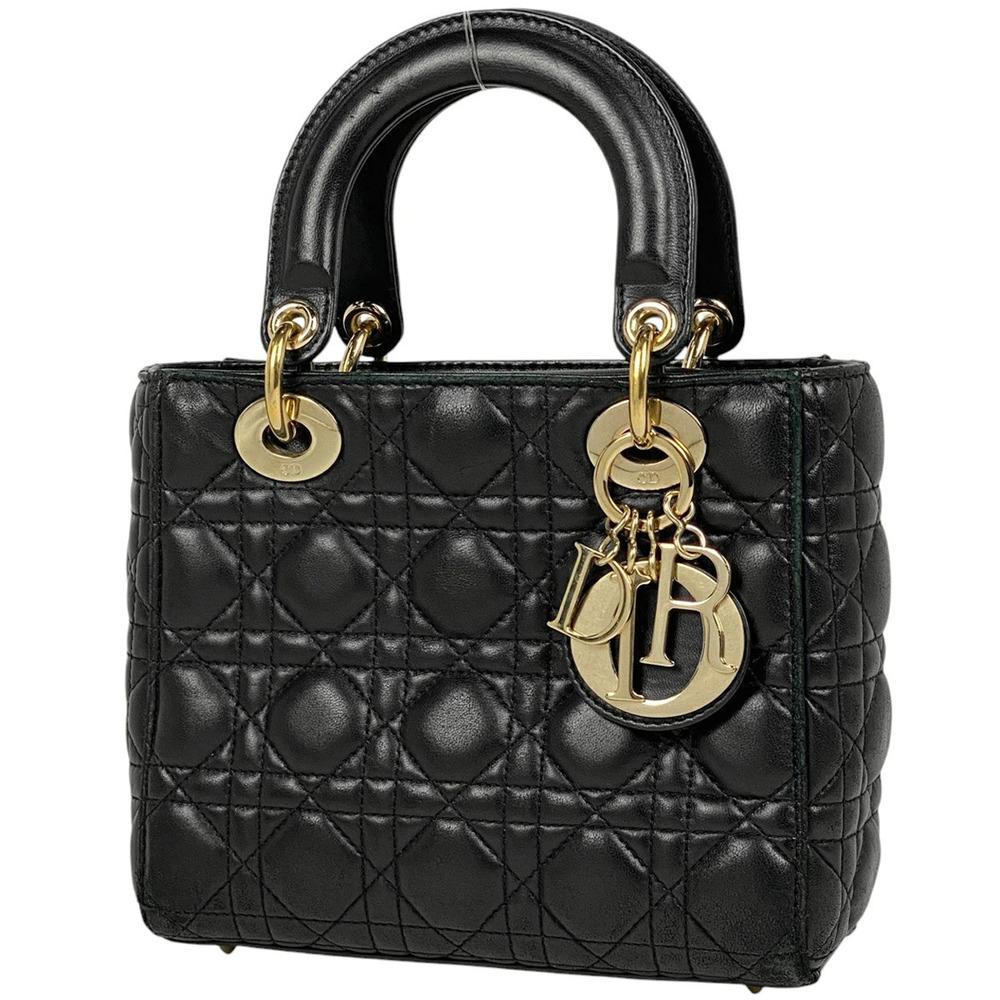 Christian Dior Lady Cannage Handbag Leather Black